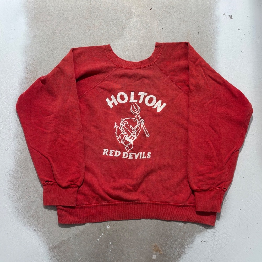 Vintage 70s Holton Red Devils Raglan Sweatshirt Red Distressed Rare Collegiate